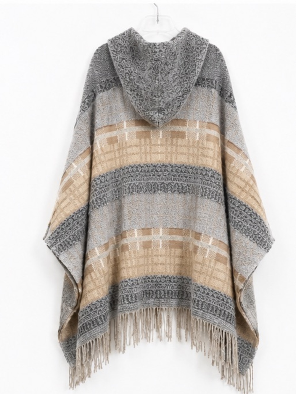 Free People Cozy Hooded Fringe Poncho in Gray and Tan - Picture 2 of 4